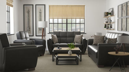 Modern design, Black , Artificial Leather upholstered convertible Armchair with underseat storage from Voyage Shelter by Ottomanson in living room lifestyle setting with the matching furniture set. This Armchair measures 42 inches width by 36 inches depth by 41 inches height.