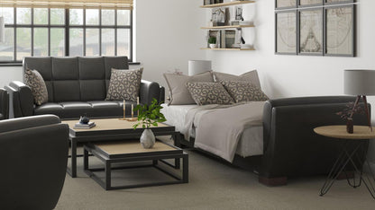 Modern design, Black , Artificial Leather  upholstered convertible sleeper Loveseat with underseat storage from Voyage Shelter by Ottomanson in living room lifestyle setting converted to sleeper. This Loveseat measures 71 inches width by 36 inches depth by 41 inches height.