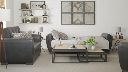 Modern design, Black , Artificial Leather  upholstered convertible sleeper Sofabed with underseat storage from Voyage Shelter by Ottomanson in living room lifestyle setting converted to sleeper. This Sofabed measures 94 inches width by 36 inches depth by 41 inches height.
