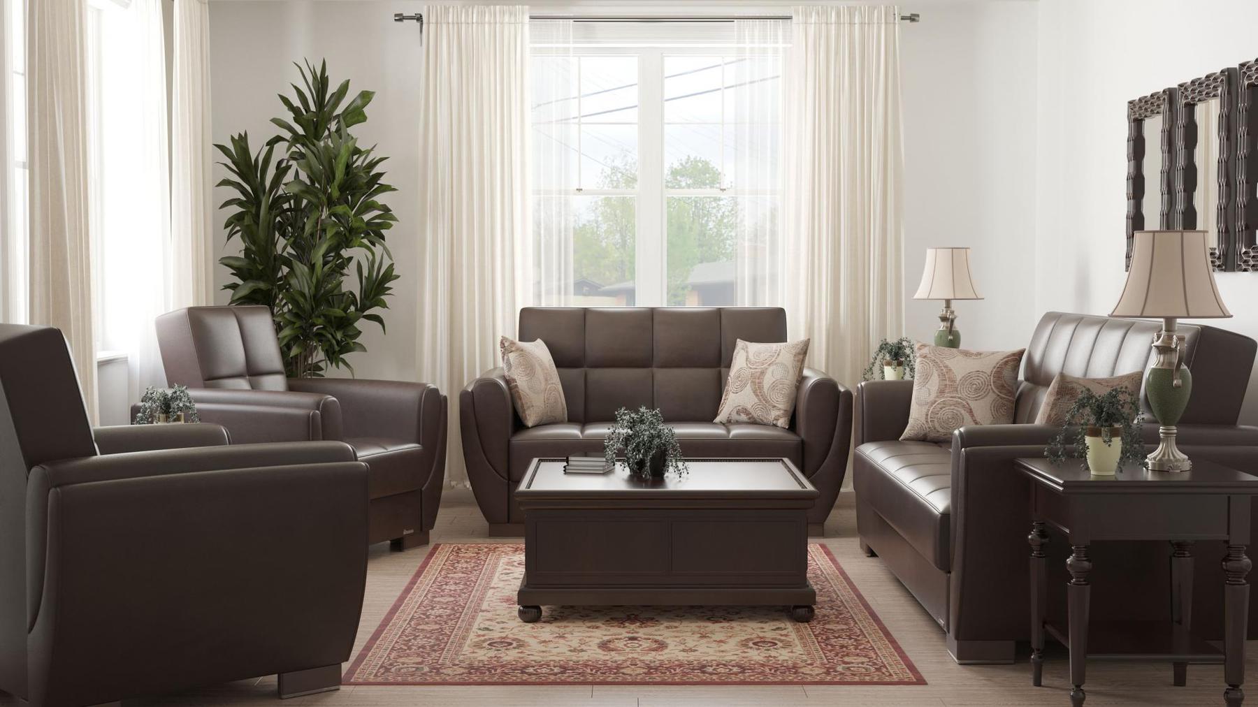 Modern design, Dark Brown , Artificial Leather upholstered convertible Armchair with underseat storage from Voyage Shelter by Ottomanson in living room lifestyle setting with the matching furniture set. This Armchair measures 42 inches width by 36 inches depth by 41 inches height.