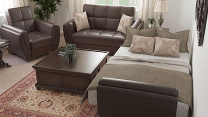 Modern design, Dark Brown , Artificial Leather  upholstered convertible Armchair with underseat storage from Voyage Shelter by Ottomanson in living room lifestyle setting converted to sleeper. This Armchair measures 42 inches width by 36 inches depth by 41 inches height.