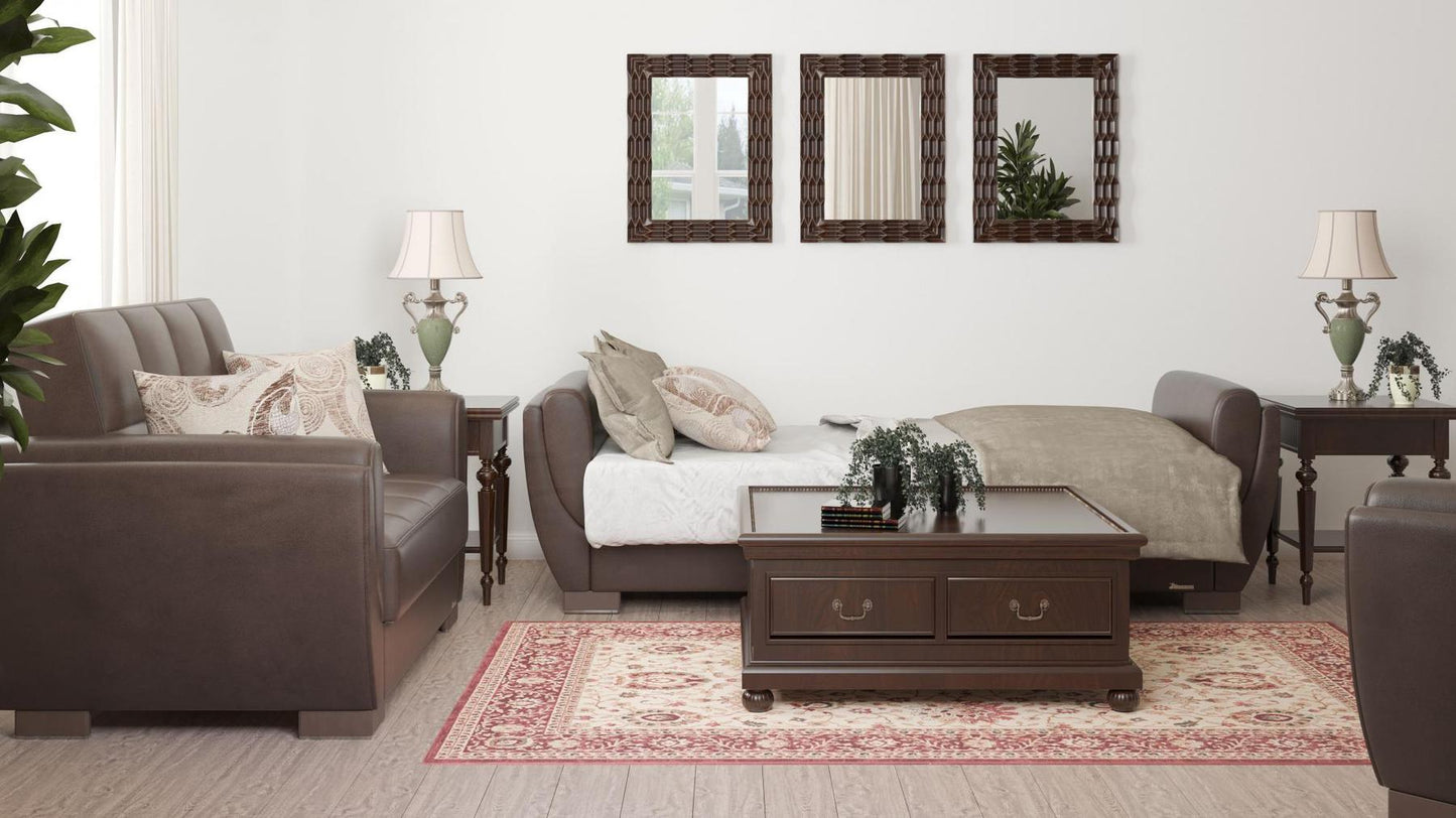 Modern design, Dark Brown , Artificial Leather  upholstered convertible sleeper Sofabed with underseat storage from Voyage Shelter by Ottomanson in living room lifestyle setting converted to sleeper. This Sofabed measures 94 inches width by 36 inches depth by 41 inches height.