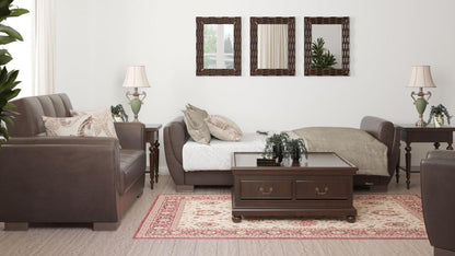 Modern design, Dark Brown , Artificial Leather  upholstered convertible sleeper Sofabed with underseat storage from Voyage Shelter by Ottomanson in living room lifestyle setting converted to sleeper. This Sofabed measures 94 inches width by 36 inches depth by 41 inches height.
