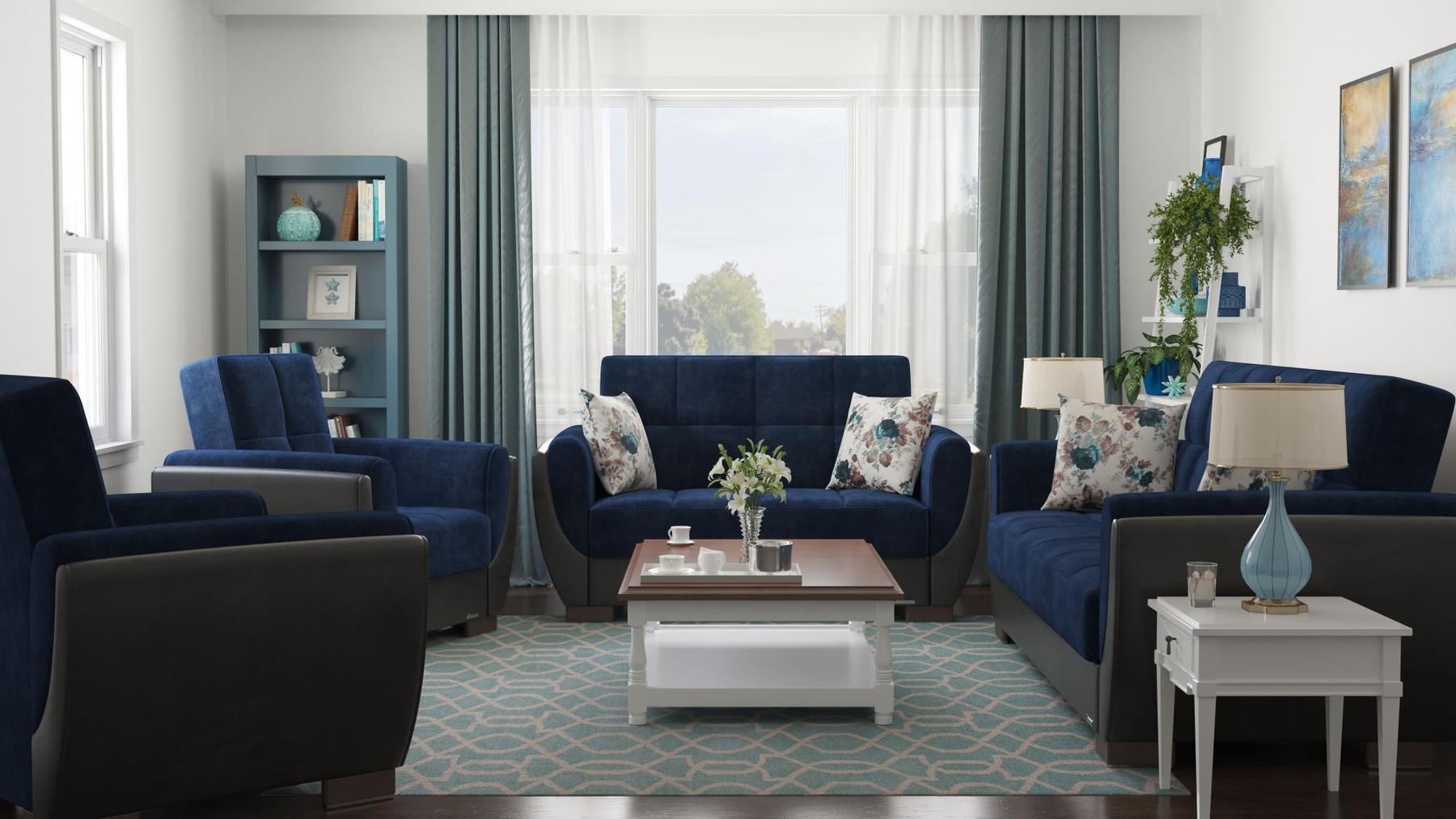 Modern design, Snorkel Blue, Black , Microfiber, Artificial Leather upholstered convertible Armchair with underseat storage from Voyage Shelter by Ottomanson in living room lifestyle setting with the matching furniture set. This Armchair measures 42 inches width by 36 inches depth by 41 inches height.