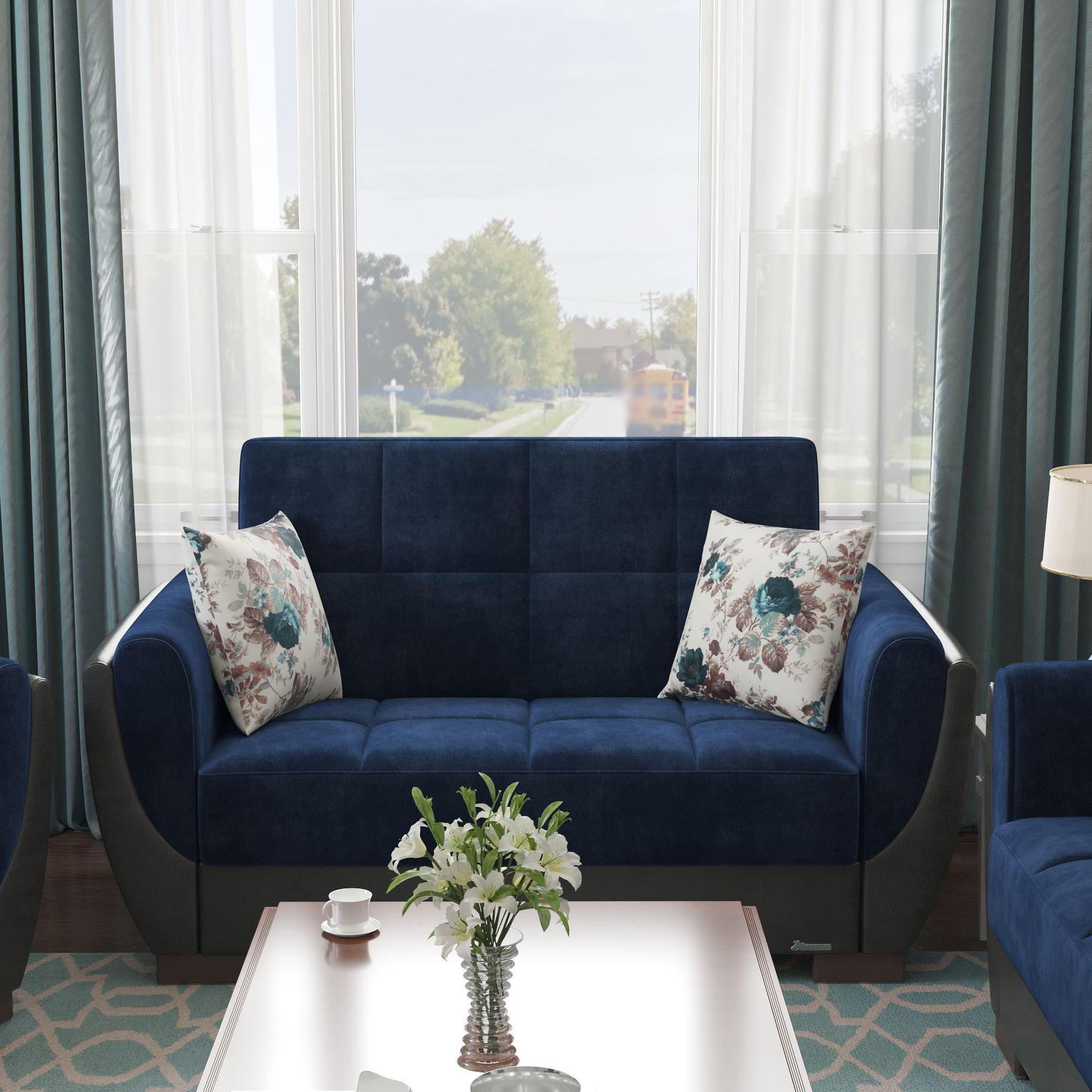 Modern design, Snorkel Blue, Black , Microfiber, Artificial Leather upholstered convertible sleeper Loveseat with underseat storage from Voyage Shelter by Ottomanson in living room lifestyle setting by itself. This Loveseat measures 71 inches width by 36 inches depth by 41 inches height.