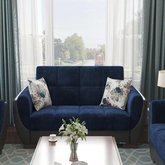 Modern design, Snorkel Blue, Black , Microfiber, Artificial Leather upholstered convertible sleeper Loveseat with underseat storage from Voyage Shelter by Ottomanson in living room lifestyle setting by itself. This Loveseat measures 71 inches width by 36 inches depth by 41 inches height.
