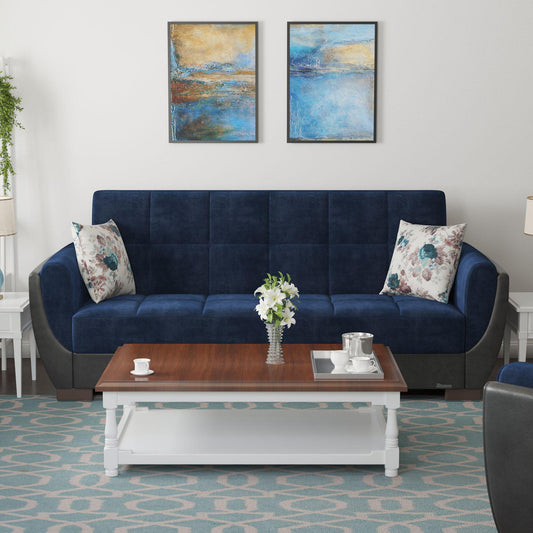 Modern design, Snorkel Blue, Black , Microfiber, Artificial Leather upholstered convertible sleeper Sofabed with underseat storage from Voyage Shelter by Ottomanson in living room lifestyle setting by itself. This Sofabed measures 94 inches width by 36 inches depth by 41 inches height.