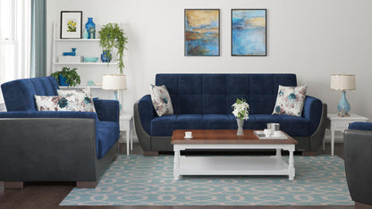 Modern design, Snorkel Blue, Black , Microfiber, Artificial Leather upholstered convertible sleeper Sofabed with underseat storage from Voyage Shelter by Ottomanson in living room lifestyle setting with another piece of furniture. This Sofabed measures 94 inches width by 36 inches depth by 41 inches height.