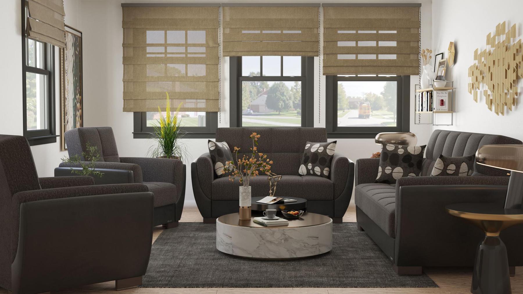 Modern design, Dark Slate Gray, Black , Chenille, Artificial Leather upholstered convertible Armchair with underseat storage from Voyage Shelter by Ottomanson in living room lifestyle setting with the matching furniture set. This Armchair measures 42 inches width by 36 inches depth by 41 inches height.