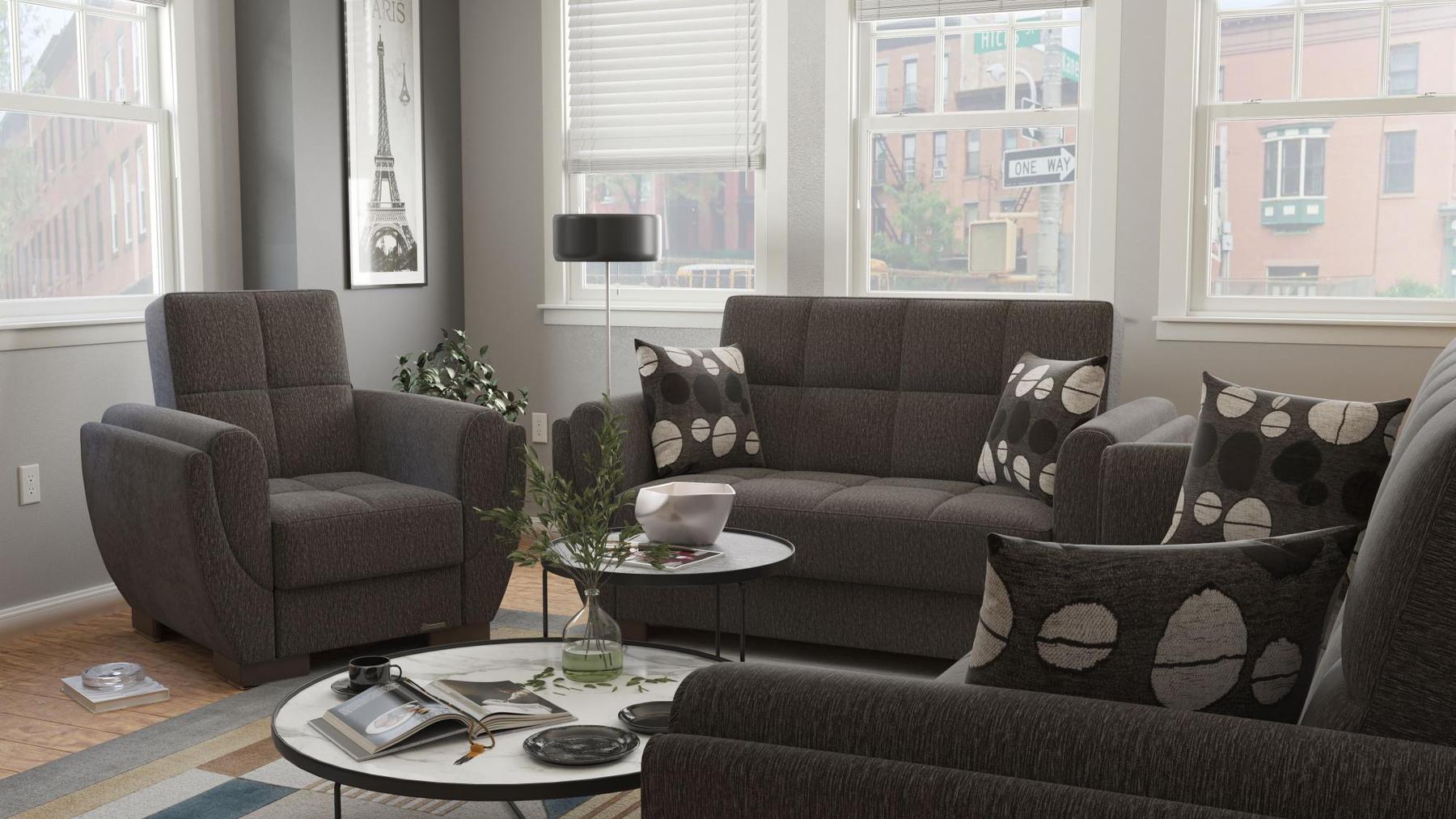 Modern design, Dark Slate Gray , Chenille upholstered convertible Armchair with underseat storage from Voyage Shelter by Ottomanson in living room lifestyle setting with another piece of furniture. This Armchair measures 42 inches width by 36 inches depth by 41 inches height.