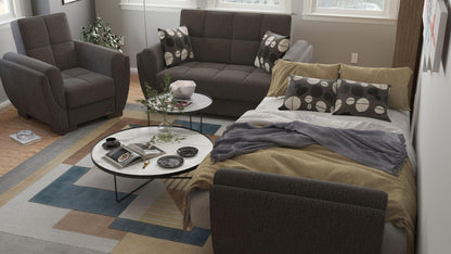 Modern design, Dark Slate Gray , Chenille  upholstered convertible Armchair with underseat storage from Voyage Shelter by Ottomanson in living room lifestyle setting converted to sleeper. This Armchair measures 42 inches width by 36 inches depth by 41 inches height.