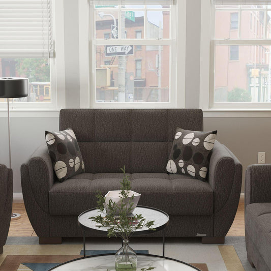 Modern design, Dark Slate Gray , Chenille upholstered convertible sleeper Loveseat with underseat storage from Voyage Shelter by Ottomanson in living room lifestyle setting by itself. This Loveseat measures 71 inches width by 36 inches depth by 41 inches height.