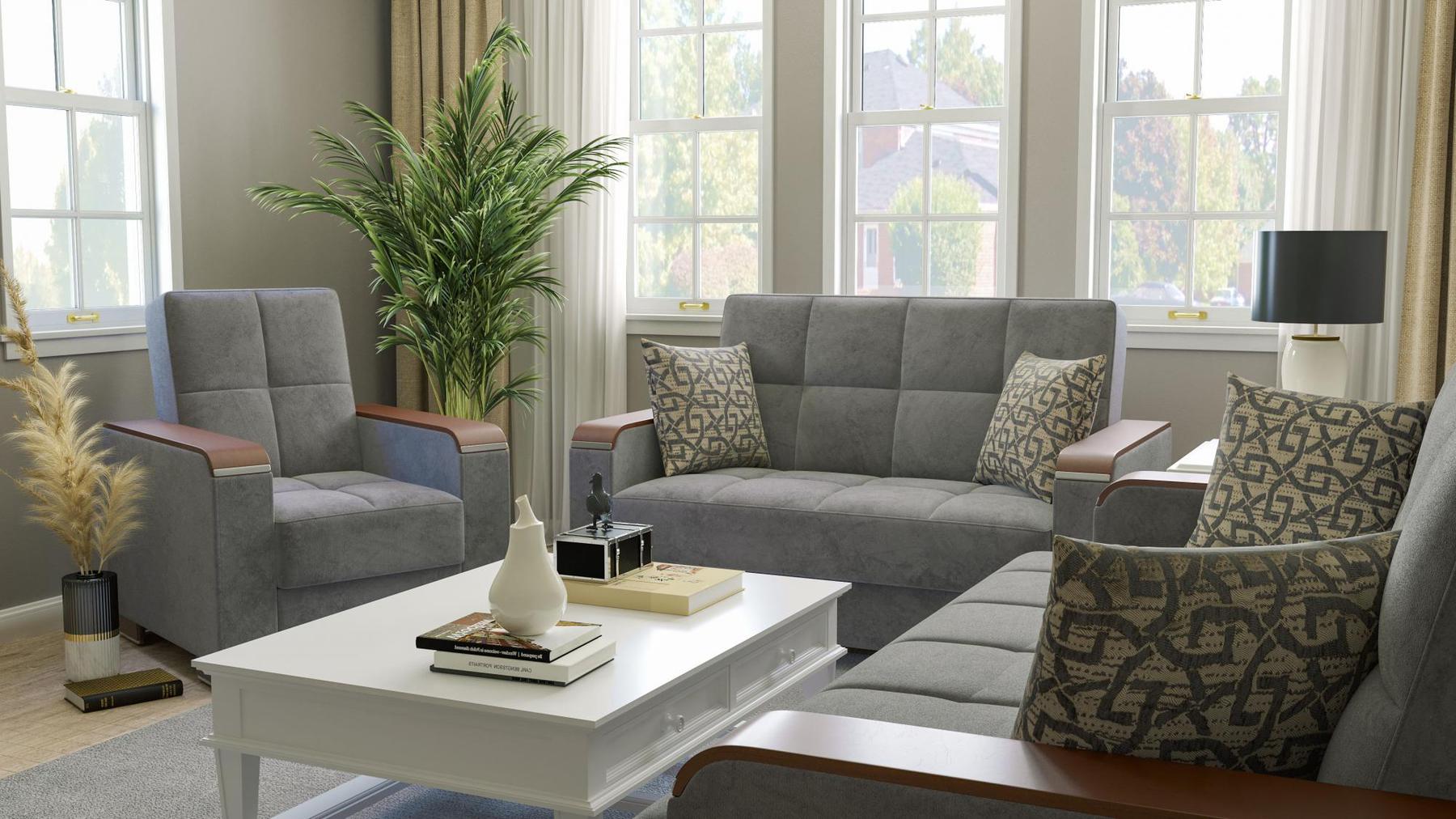 Modern design, Pewter Gray , Microfiber upholstered convertible Armchair with underseat storage from Voyage Luxe by Ottomanson in living room lifestyle setting with another piece of furniture. This Armchair measures 38 inches width by 36 inches depth by 41 inches height.