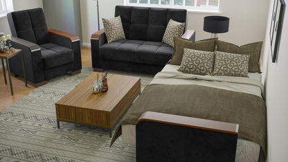 Modern design, Black , Microfiber  upholstered convertible Armchair with underseat storage from Voyage Luxe by Ottomanson in living room lifestyle setting converted to sleeper. This Armchair measures 38 inches width by 36 inches depth by 41 inches height.