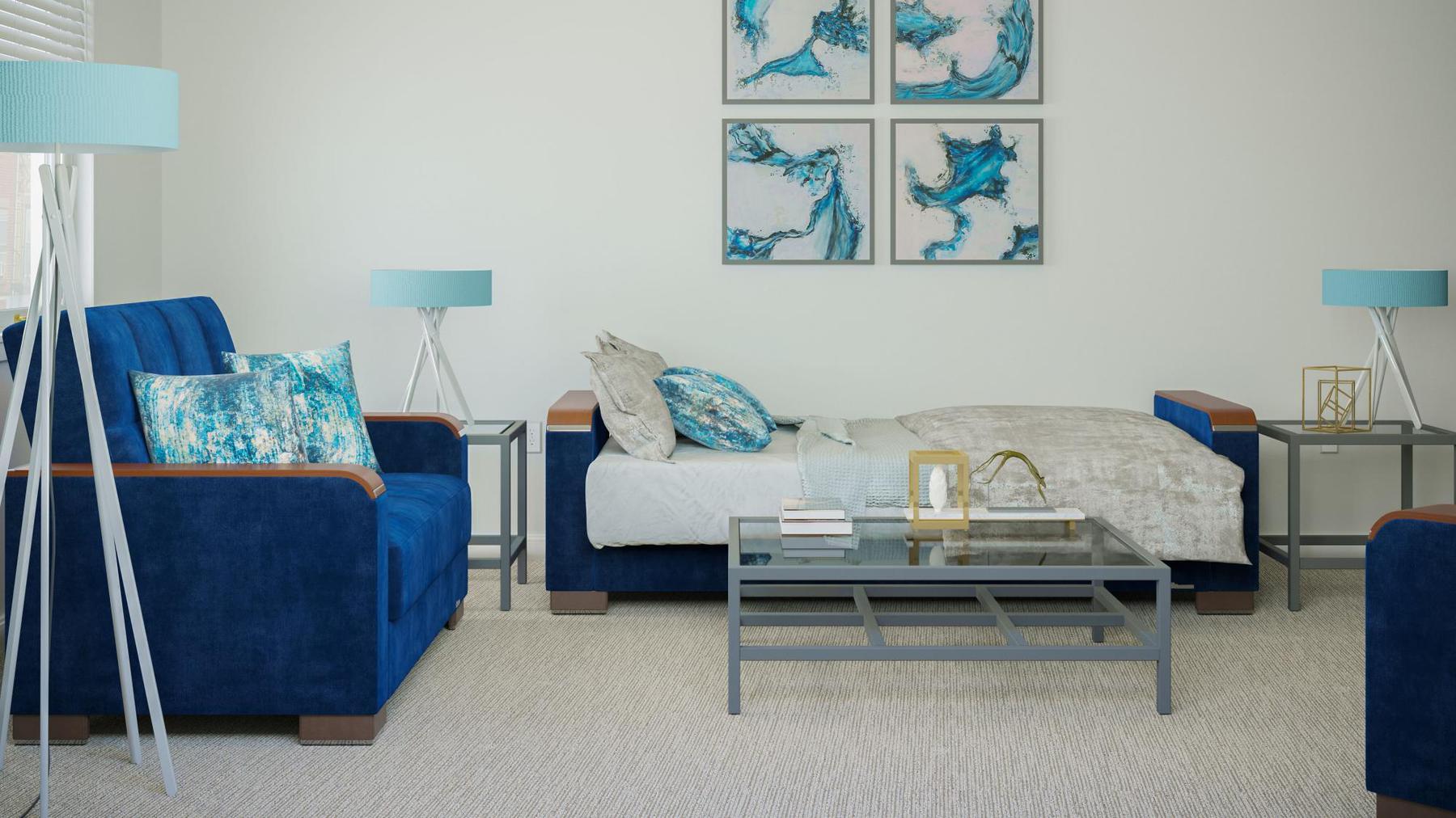 Modern design, True Blue , Microfiber  upholstered convertible sleeper Sofabed with underseat storage from Voyage Luxe by Ottomanson in living room lifestyle setting converted to sleeper. This Sofabed measures 90 inches width by 36 inches depth by 41 inches height.