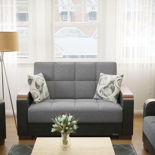 Modern design, Salt and Pepper Gray, Black , Chenille, Artificial Leather upholstered convertible sleeper Loveseat with underseat storage from Voyage Luxe by Ottomanson in living room lifestyle setting by itself. This Loveseat measures 67 inches width by 36 inches depth by 41 inches height.