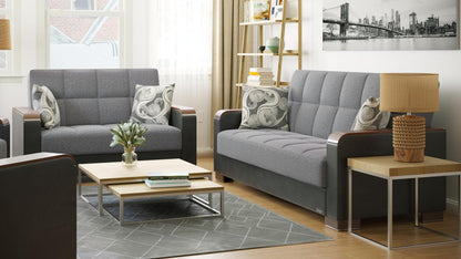 Modern design, Salt and Pepper Gray, Black , Chenille, Artificial Leather upholstered convertible sleeper Loveseat with underseat storage from Voyage Luxe by Ottomanson in living room lifestyle setting with another piece of furniture. This Loveseat measures 67 inches width by 36 inches depth by 41 inches height.