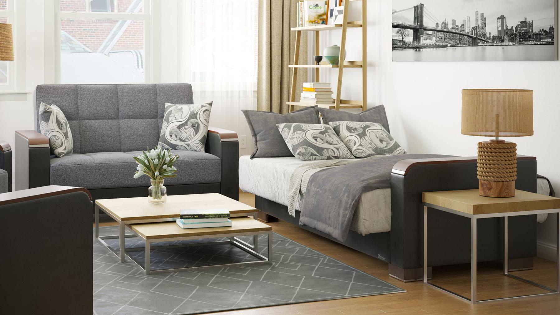Modern design, Salt and Pepper Gray, Black , Chenille, Artificial Leather  upholstered convertible sleeper Loveseat with underseat storage from Voyage Luxe by Ottomanson in living room lifestyle setting converted to sleeper. This Loveseat measures 67 inches width by 36 inches depth by 41 inches height.