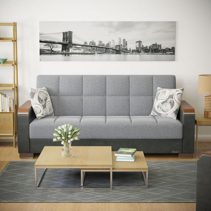 Modern design, Salt and Pepper Gray, Black , Chenille, Artificial Leather upholstered convertible sleeper Sofabed with underseat storage from Voyage Luxe by Ottomanson in living room lifestyle setting by itself. This Sofabed measures 90 inches width by 36 inches depth by 41 inches height.