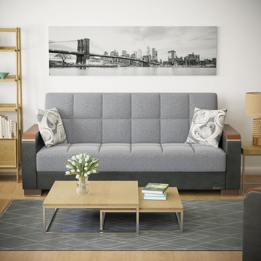 Modern design, Salt and Pepper Gray, Black , Chenille, Artificial Leather upholstered convertible sleeper Sofabed with underseat storage from Voyage Luxe by Ottomanson in living room lifestyle setting by itself. This Sofabed measures 90 inches width by 36 inches depth by 41 inches height.