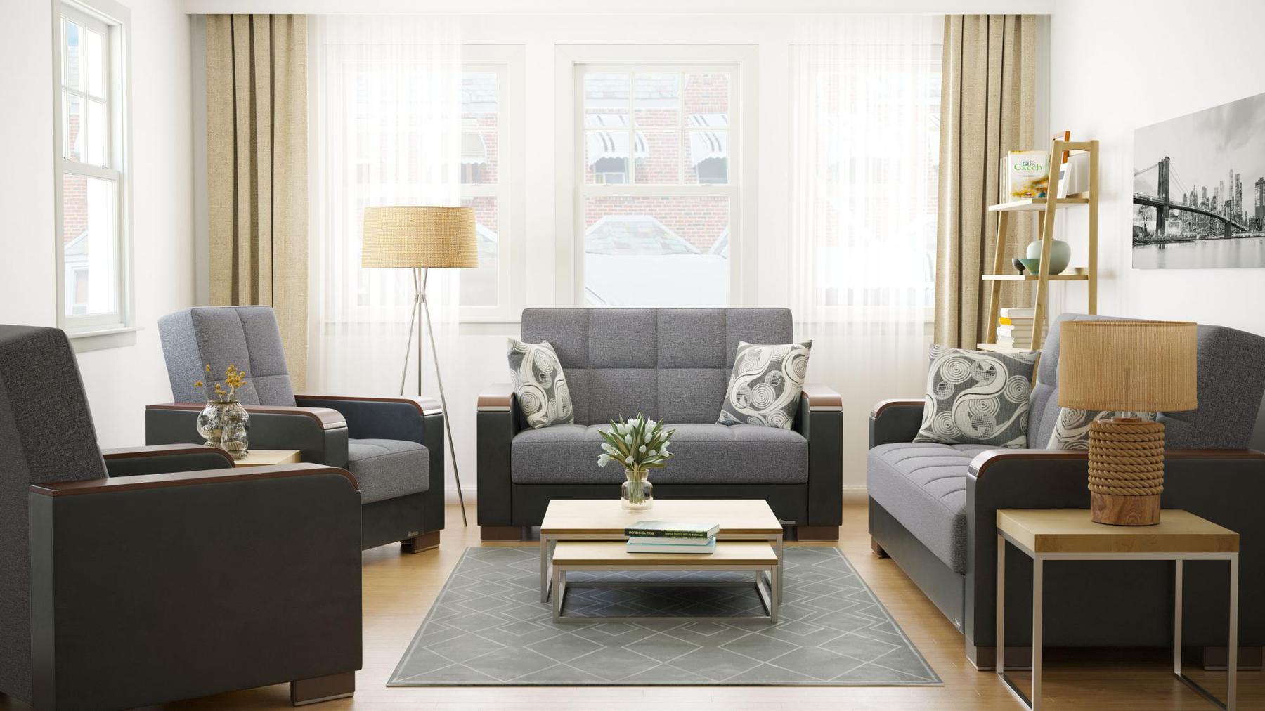 Modern design, Salt and Pepper Gray, Black , Chenille, Artificial Leather upholstered convertible sleeper Sofabed with underseat storage from Voyage Luxe by Ottomanson in living room lifestyle setting with the matching furniture set. This Sofabed measures 90 inches width by 36 inches depth by 41 inches height.