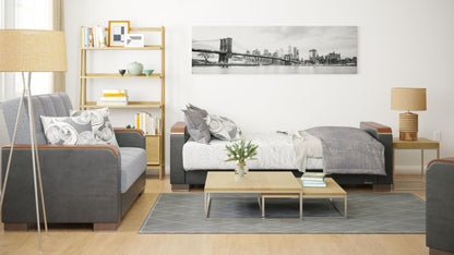 Modern design, Salt and Pepper Gray, Black , Chenille, Artificial Leather  upholstered convertible sleeper Sofabed with underseat storage from Voyage Luxe by Ottomanson in living room lifestyle setting converted to sleeper. This Sofabed measures 90 inches width by 36 inches depth by 41 inches height.