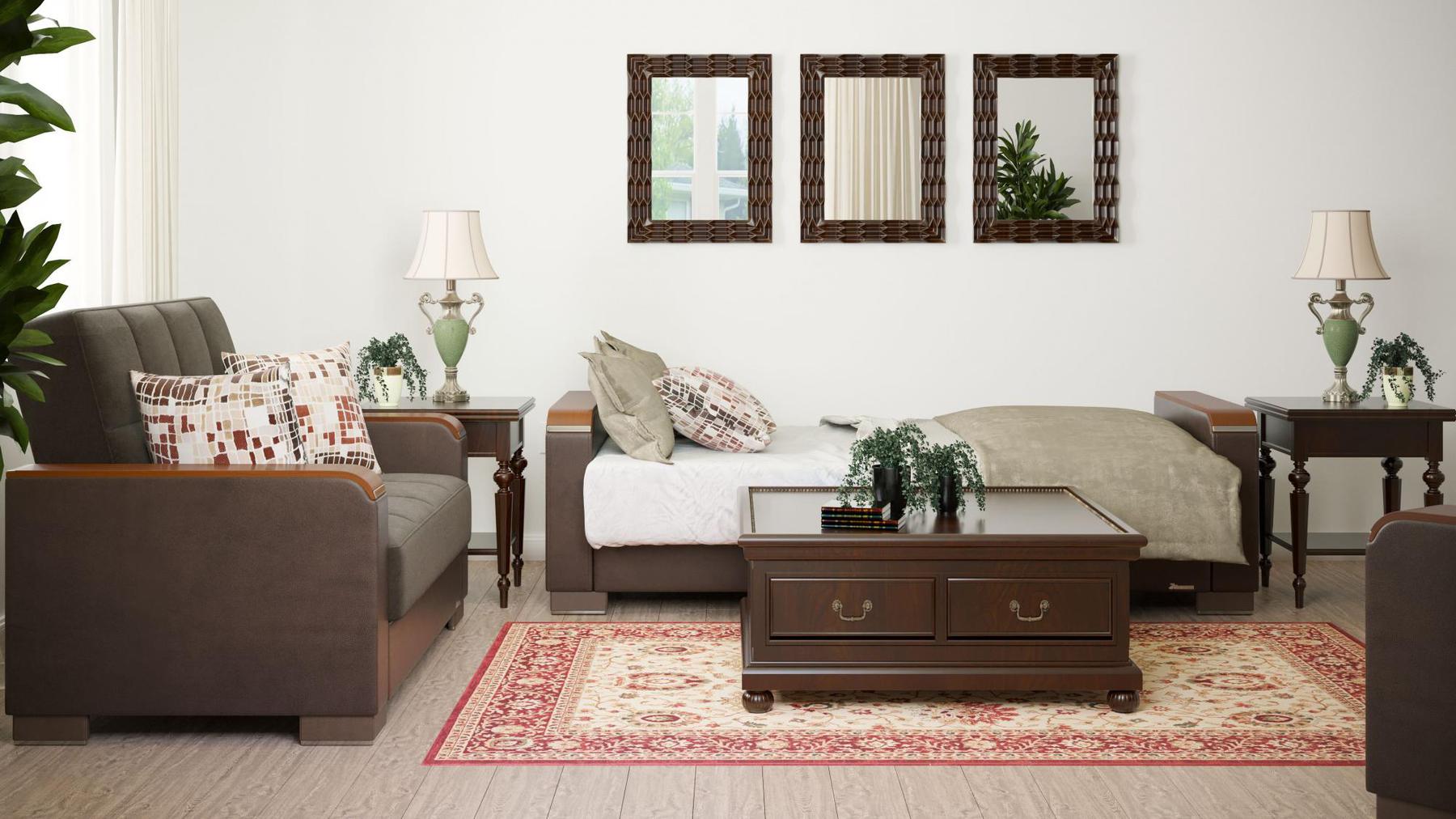 Modern design, Friar Brown, Dark Brown , Microfiber, Artificial Leather  upholstered convertible sleeper Sofabed with underseat storage from Voyage Luxe by Ottomanson in living room lifestyle setting converted to sleeper. This Sofabed measures 90 inches width by 36 inches depth by 41 inches height.