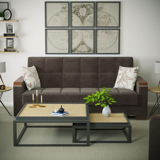 Modern design, Friar Brown , Microfiber upholstered convertible sleeper Sofabed with underseat storage from Voyage Luxe by Ottomanson in living room lifestyle setting by itself. This Sofabed measures 90 inches width by 36 inches depth by 41 inches height.