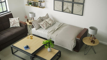Modern design, Friar Brown , Microfiber  upholstered convertible sleeper Sofabed with underseat storage from Voyage Luxe by Ottomanson in living room lifestyle setting converted to sleeper. This Sofabed measures 90 inches width by 36 inches depth by 41 inches height.