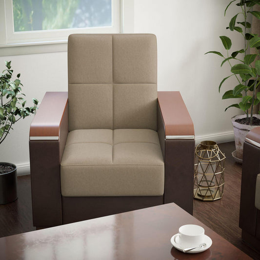 Modern design, Light Taupe, Dark Brown , Chenille, Artificial Leather upholstered convertible Armchair with underseat storage from Voyage Luxe by Ottomanson in living room lifestyle setting by itself. This Armchair measures 38 inches width by 36 inches depth by 41 inches height.