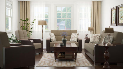 Modern design, Light Taupe, Dark Brown , Chenille, Artificial Leather upholstered convertible Armchair with underseat storage from Voyage Luxe by Ottomanson in living room lifestyle setting with the matching furniture set. This Armchair measures 38 inches width by 36 inches depth by 41 inches height.