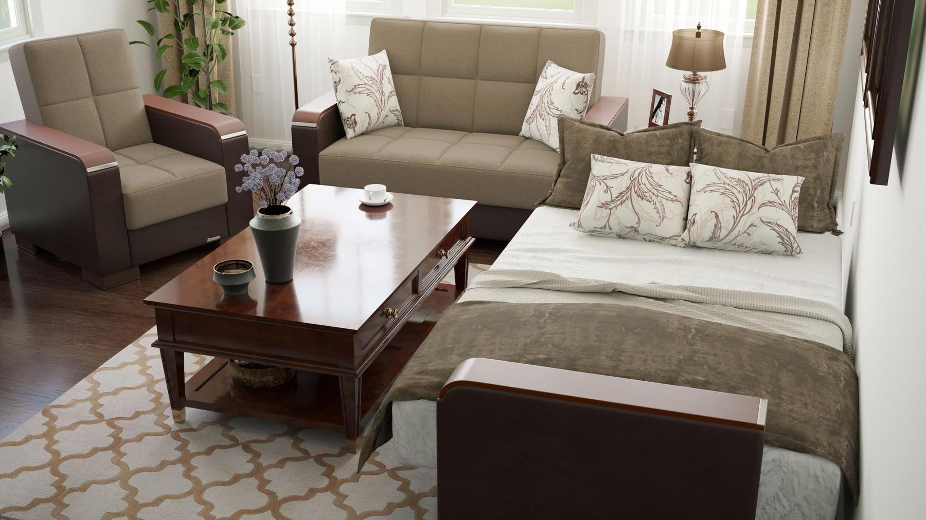 Modern design, Light Taupe, Dark Brown , Chenille, Artificial Leather  upholstered convertible Armchair with underseat storage from Voyage Luxe by Ottomanson in living room lifestyle setting converted to sleeper. This Armchair measures 38 inches width by 36 inches depth by 41 inches height.