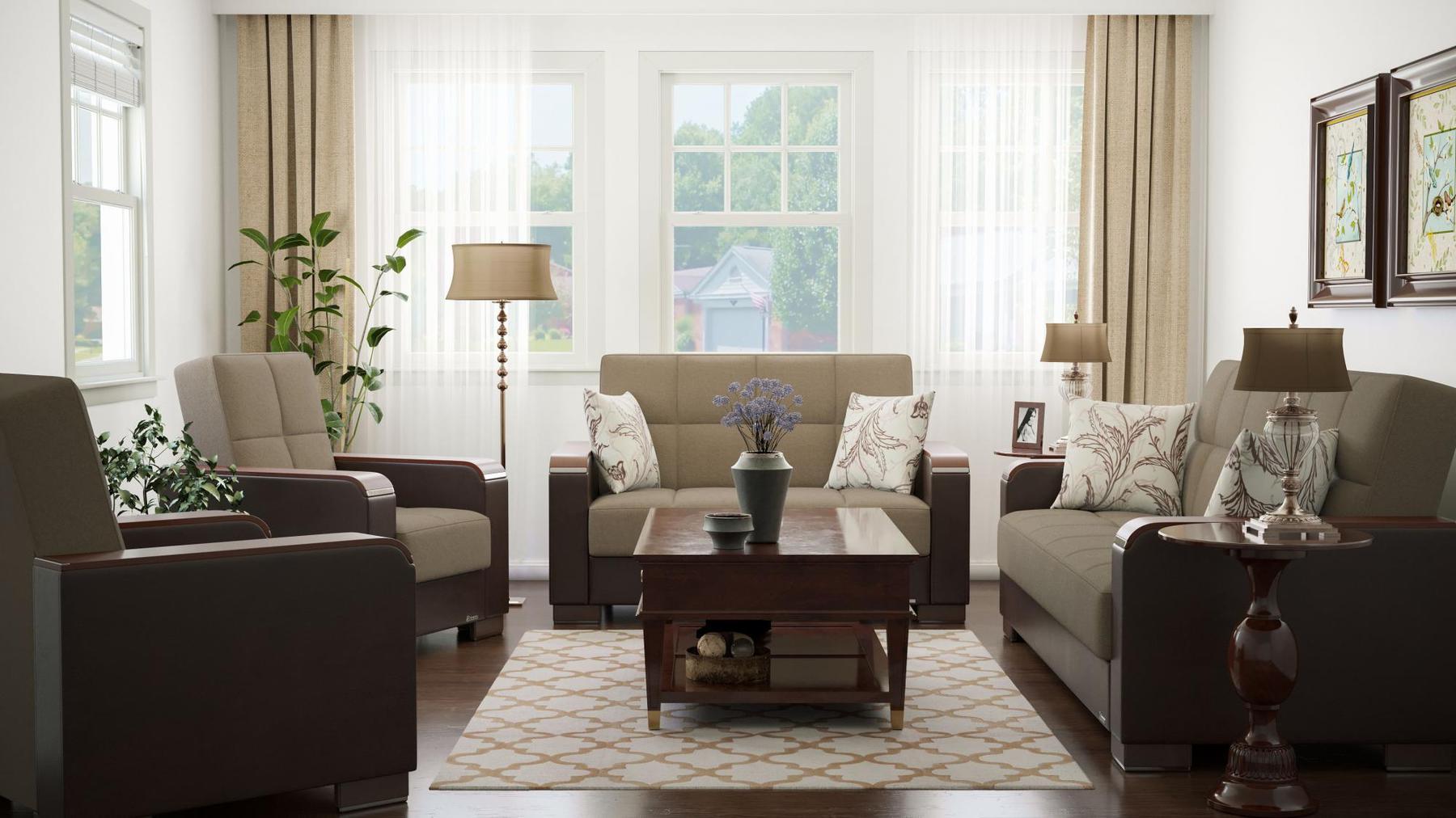 Modern design, Light Taupe, Dark Brown , Chenille, Artificial Leather upholstered convertible sleeper Loveseat with underseat storage from Voyage Luxe by Ottomanson in living room lifestyle setting with the matching furniture set. This Loveseat measures 67 inches width by 36 inches depth by 41 inches height.
