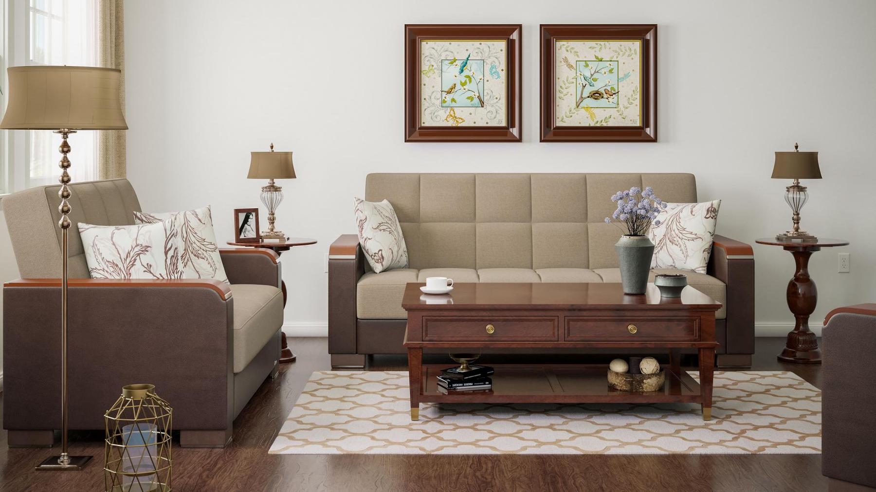 Modern design, Light Taupe, Dark Brown , Chenille, Artificial Leather upholstered convertible sleeper Sofabed with underseat storage from Voyage Luxe by Ottomanson in living room lifestyle setting with another piece of furniture. This Sofabed measures 90 inches width by 36 inches depth by 41 inches height.