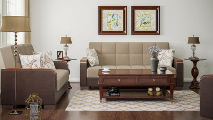Modern design, Light Taupe, Dark Brown , Chenille, Artificial Leather upholstered convertible sleeper Sofabed with underseat storage from Voyage Luxe by Ottomanson in living room lifestyle setting with another piece of furniture. This Sofabed measures 90 inches width by 36 inches depth by 41 inches height.