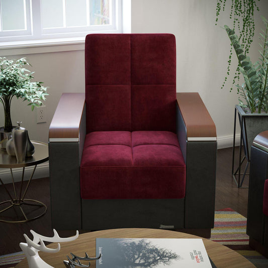 Modern design, Beaujolais, Black , Microfiber, Artificial Leather upholstered convertible Armchair with underseat storage from Voyage Luxe by Ottomanson in living room lifestyle setting by itself. This Armchair measures 38 inches width by 36 inches depth by 41 inches height.