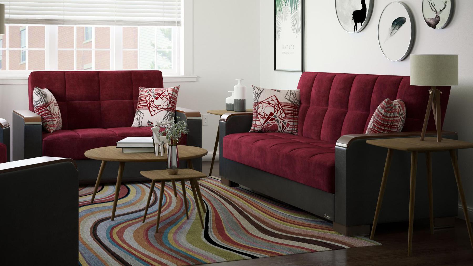Modern design, Beaujolais, Black , Microfiber, Artificial Leather upholstered convertible sleeper Loveseat with underseat storage from Voyage Luxe by Ottomanson in living room lifestyle setting with another piece of furniture. This Loveseat measures 67 inches width by 36 inches depth by 41 inches height.