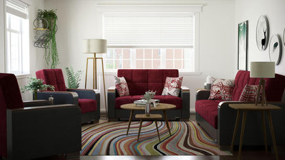 Modern design, Beaujolais, Black , Microfiber, Artificial Leather upholstered convertible sleeper Loveseat with underseat storage from Voyage Luxe by Ottomanson in living room lifestyle setting with the matching furniture set. This Loveseat measures 67 inches width by 36 inches depth by 41 inches height.