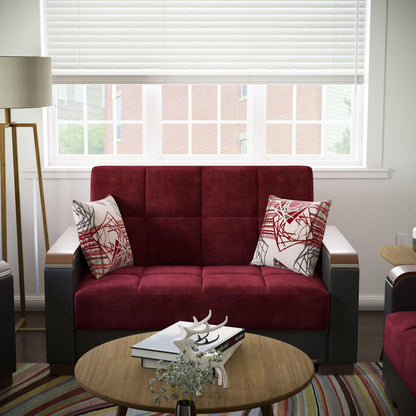 Modern design, Beaujolais, Black , Microfiber, Artificial Leather upholstered convertible sleeper Loveseat with underseat storage from Voyage Luxe by Ottomanson in living room lifestyle setting by itself. This Loveseat measures 67 inches width by 36 inches depth by 41 inches height.