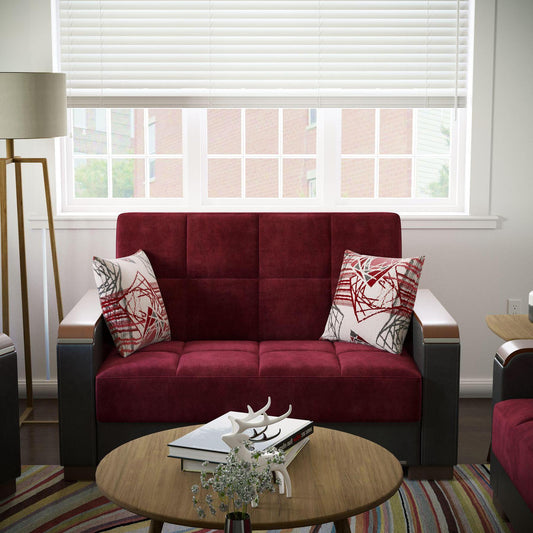 Modern design, Beaujolais, Black , Microfiber, Artificial Leather upholstered convertible sleeper Loveseat with underseat storage from Voyage Luxe by Ottomanson in living room lifestyle setting by itself. This Loveseat measures 67 inches width by 36 inches depth by 41 inches height.