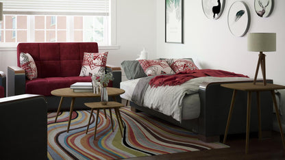 Modern design, Beaujolais, Black , Microfiber, Artificial Leather  upholstered convertible sleeper Loveseat with underseat storage from Voyage Luxe by Ottomanson in living room lifestyle setting converted to sleeper. This Loveseat measures 67 inches width by 36 inches depth by 41 inches height.