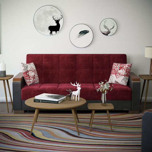 Modern design, Beaujolais, Black , Microfiber, Artificial Leather upholstered convertible sleeper Sofabed with underseat storage from Voyage Luxe by Ottomanson in living room lifestyle setting by itself. This Sofabed measures 90 inches width by 36 inches depth by 41 inches height.