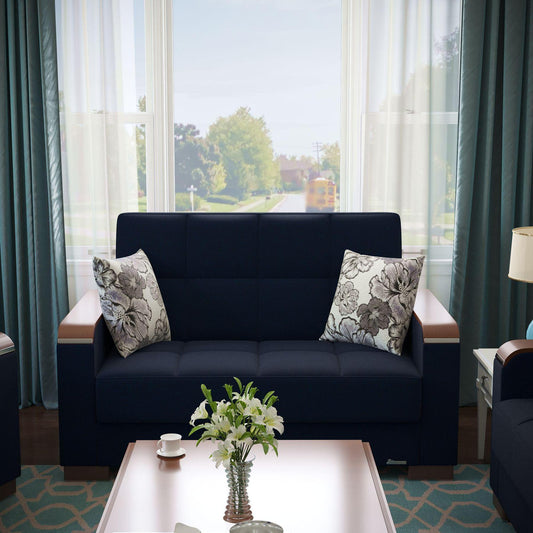 Modern design, Black Blue Denim , Chenille upholstered convertible sleeper Loveseat with underseat storage from Voyage Luxe by Ottomanson in living room lifestyle setting by itself. This Loveseat measures 67 inches width by 36 inches depth by 41 inches height.