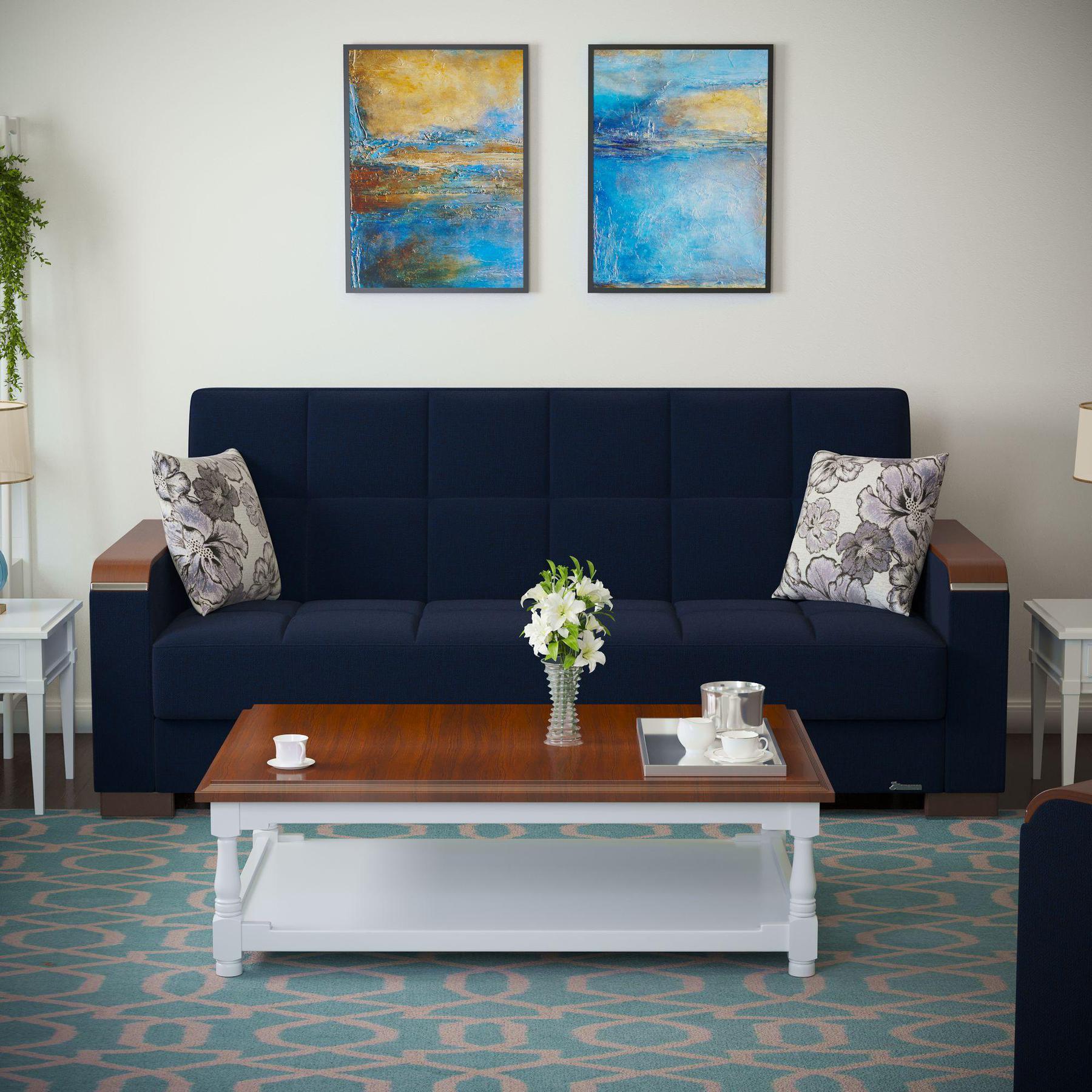 Modern design, Black Blue Denim , Chenille upholstered convertible sleeper Sofabed with underseat storage from Voyage Luxe by Ottomanson in living room lifestyle setting by itself. This Sofabed measures 90 inches width by 36 inches depth by 41 inches height.