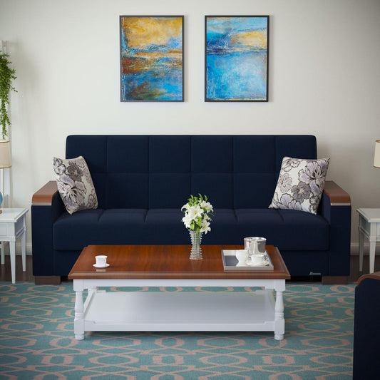 Modern design, Black Blue Denim , Chenille upholstered convertible sleeper Sofabed with underseat storage from Voyage Luxe by Ottomanson in living room lifestyle setting by itself. This Sofabed measures 90 inches width by 36 inches depth by 41 inches height.