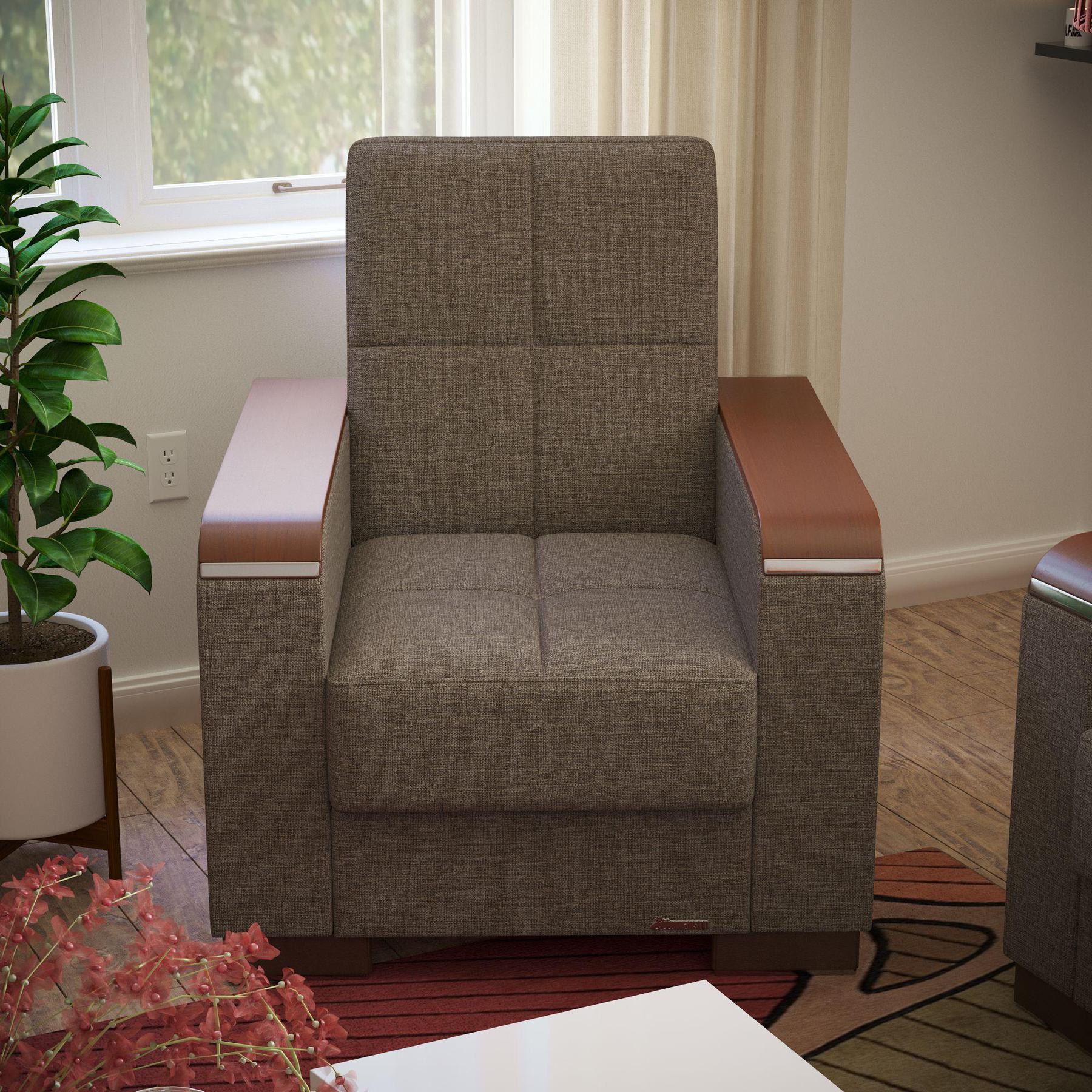 Modern design, Tannin Brown , Chenille upholstered convertible Armchair with underseat storage from Voyage Luxe by Ottomanson in living room lifestyle setting by itself. This Armchair measures 38 inches width by 36 inches depth by 41 inches height.