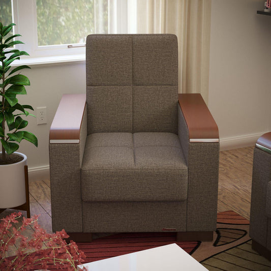 Modern design, Tannin Brown , Chenille upholstered convertible Armchair with underseat storage from Voyage Luxe by Ottomanson in living room lifestyle setting by itself. This Armchair measures 38 inches width by 36 inches depth by 41 inches height.