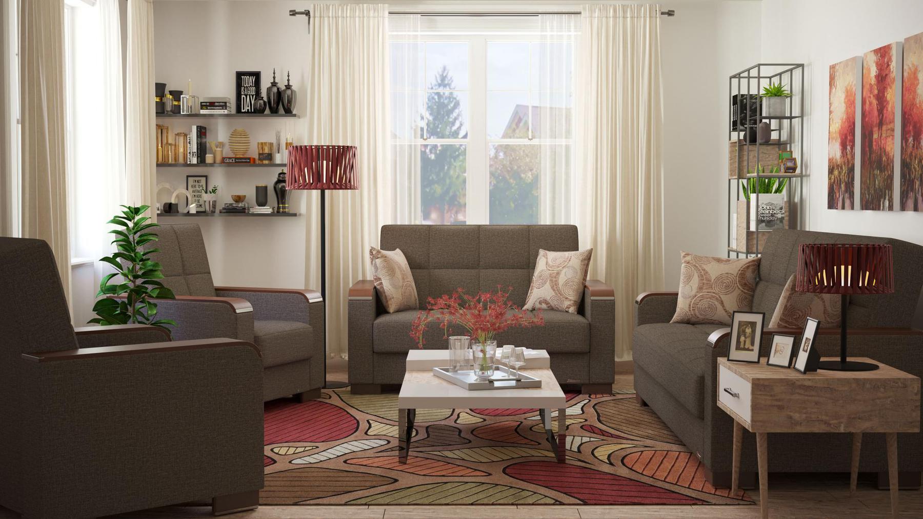 Modern design, Tannin Brown , Chenille upholstered convertible Armchair with underseat storage from Voyage Luxe by Ottomanson in living room lifestyle setting with the matching furniture set. This Armchair measures 38 inches width by 36 inches depth by 41 inches height.