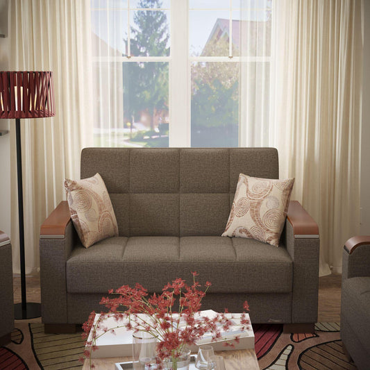Modern design, Tannin Brown , Chenille upholstered convertible sleeper Loveseat with underseat storage from Voyage Luxe by Ottomanson in living room lifestyle setting by itself. This Loveseat measures 67 inches width by 36 inches depth by 41 inches height.