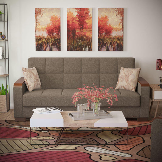 Modern design, Tannin Brown , Chenille upholstered convertible sleeper Sofabed with underseat storage from Voyage Luxe by Ottomanson in living room lifestyle setting by itself. This Sofabed measures 90 inches width by 36 inches depth by 41 inches height.